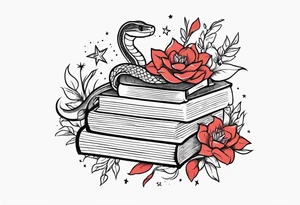 snake, books, stars and poisonous flowers tattoo idea