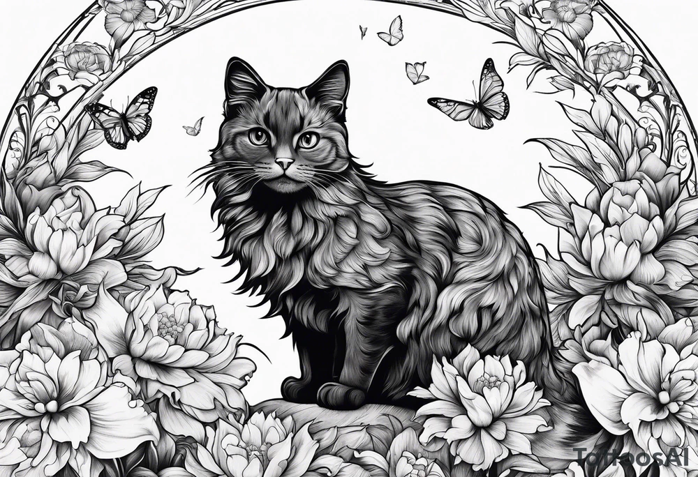 Cat looking up at a cardinal bird surrounded by flowers tattoo idea