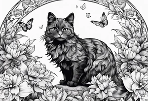 Cat looking up at a cardinal bird surrounded by flowers tattoo idea