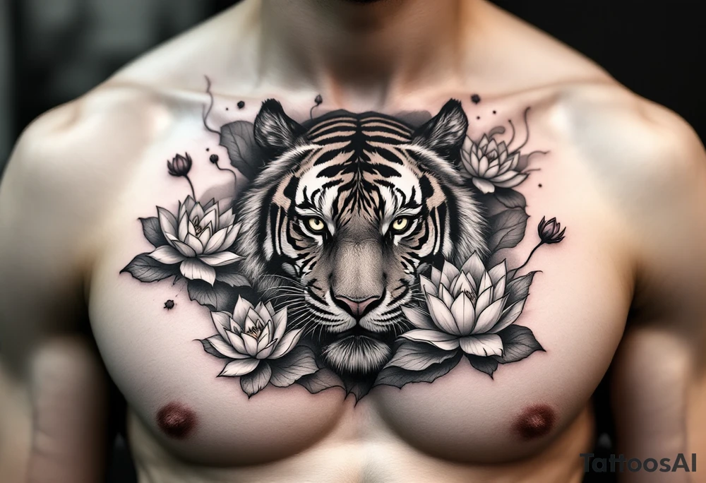 fierce tiger emerging through blooming lotus flowers in mist tattoo idea