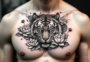 fierce tiger emerging through blooming lotus flowers in mist tattoo idea