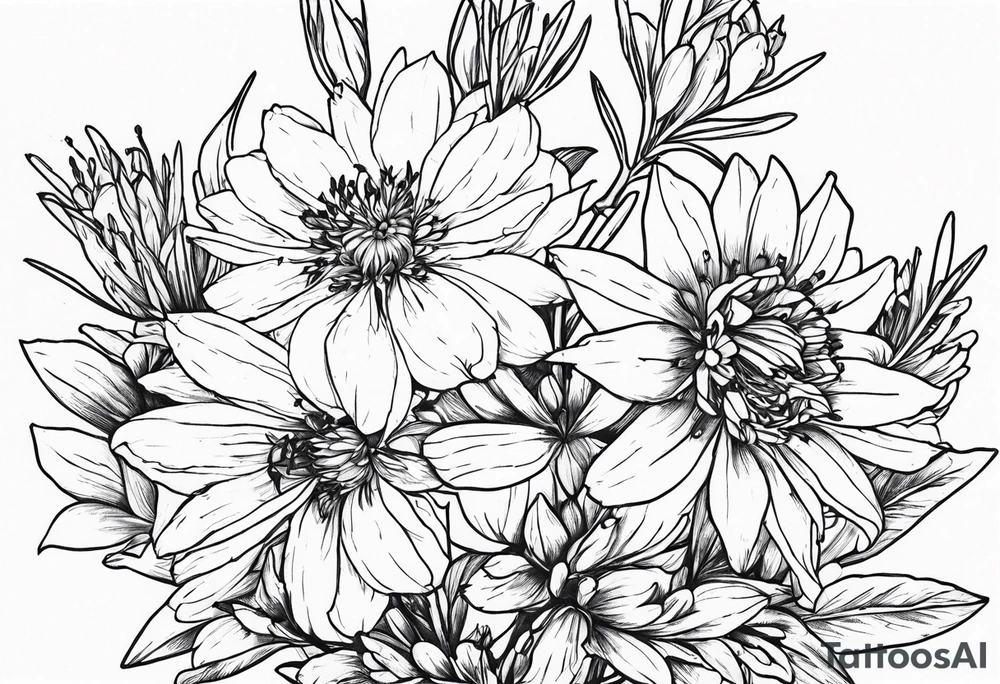 Aster and  delphinium tall bouquet tattoo idea