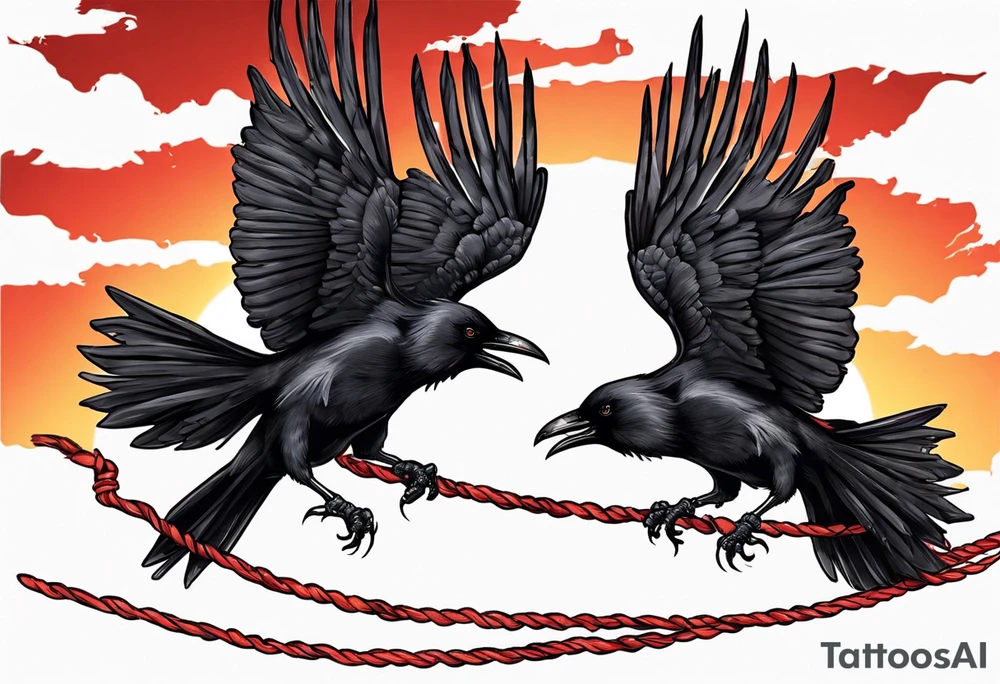 Two black crows flying into the sunset as they carry one long red string between them. tattoo idea