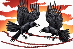 Two black crows flying into the sunset as they carry one long red string between them. tattoo idea