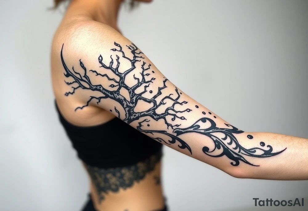 right arm sleeve, tree branch made of stone, clouds and lightning mixed throughout, tattoo idea