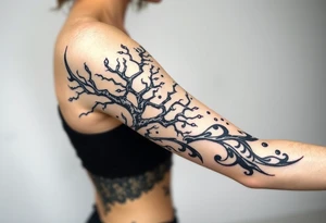 right arm sleeve, tree branch made of stone, clouds and lightning mixed throughout, tattoo idea