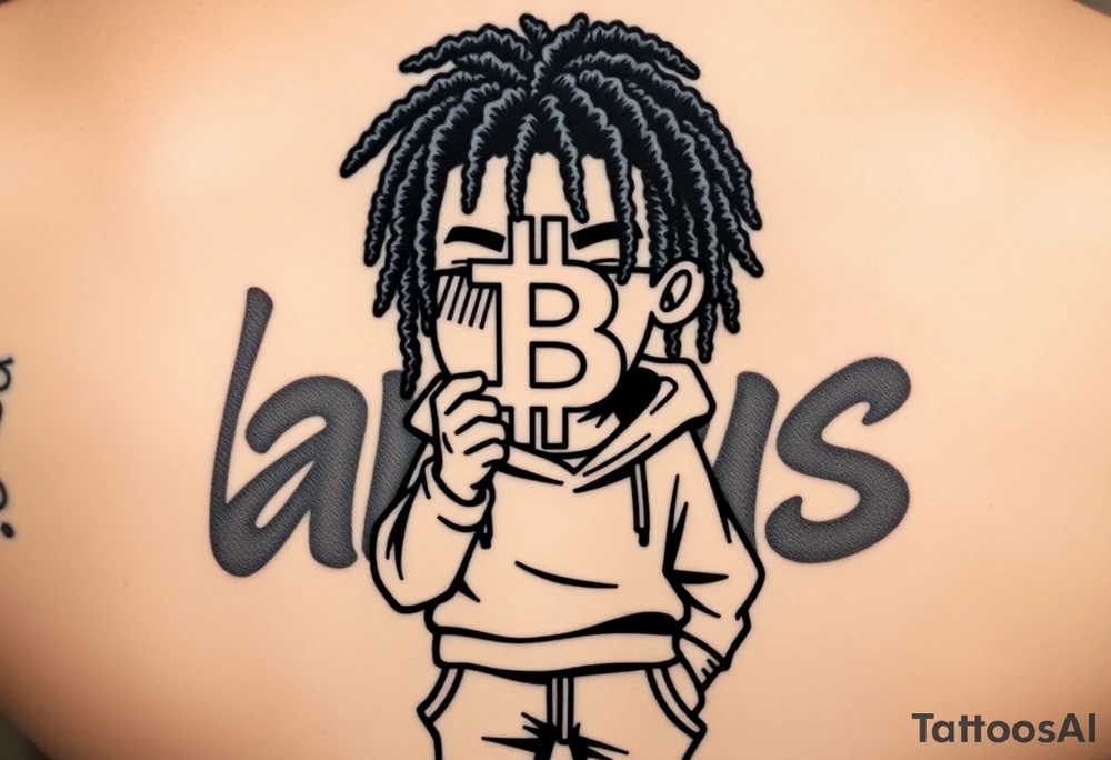 Create a tattoo stencil Use a street-art / pop-art vibe with a cartoon figure with dreadlocs holding a bitcoin to cover his eyes have bold lines, “x” for eyes. make them have on a hoodie and jogger sweatpants have in the background in graffiti letters “Jaruso” tattoo idea