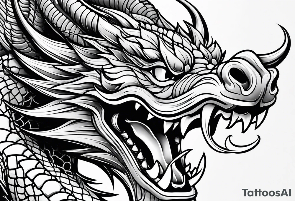 Chinese dragon mouth closed, black, shoulder tattoo idea