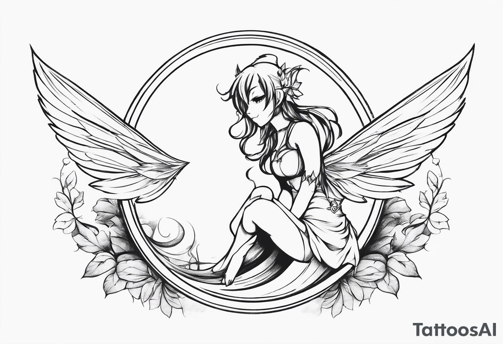 No color sketch of a fairy with a tail inspired by the guild symbol in the anime show called Fairy Tail in a fetal position leaning forward while crawled in and her body is an angle while floating in the air with big wings tattoo idea