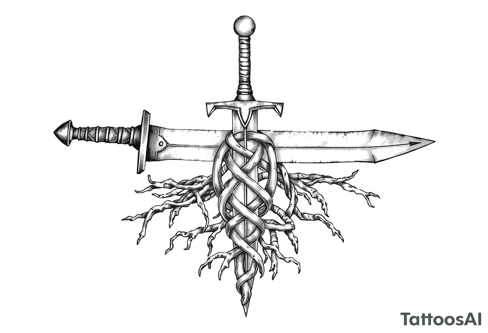 Armband tattoo of a sword with covered in a Celtic knot roots tattoo idea