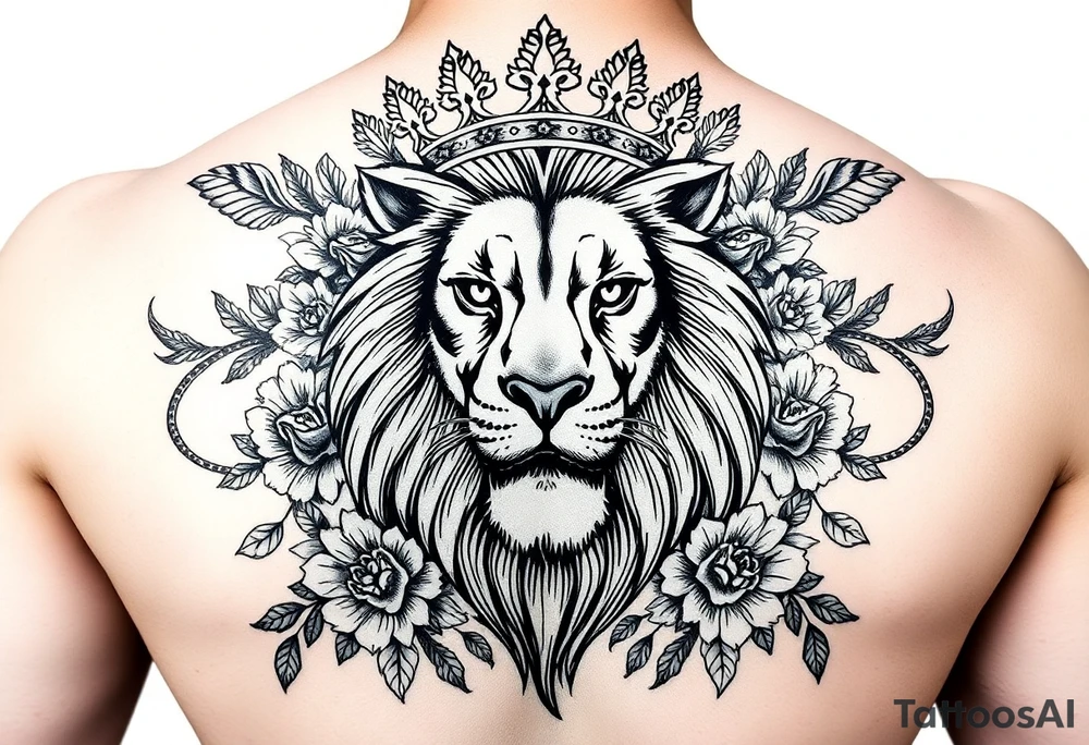 powerful majestic lion with a crown, surrounded by floral ornaments and birds tattoo idea