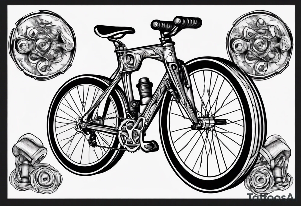 road bicycle on a mountain sitting on a dumbbell tattoo idea