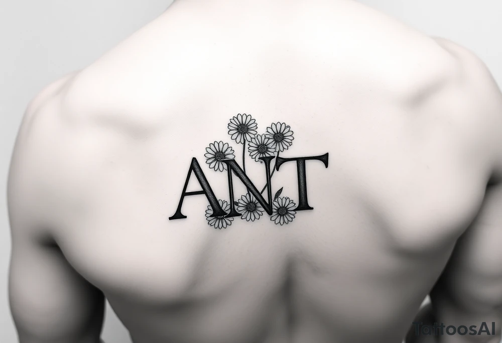 Small Fine line design with overlapping letters A,N,T  with daisies tattoo idea