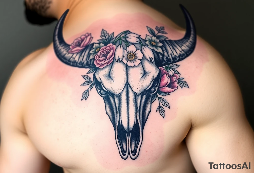 Buffalo or bison skull with flowers. Peony, snowdrop, holly with berries, larkspur, peony. Colour. For upper arm or shoulder. Masculin. tattoo idea