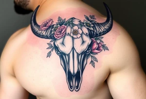 Buffalo or bison skull with flowers. Peony, snowdrop, holly with berries, larkspur, peony. Colour. For upper arm or shoulder. Masculin. tattoo idea