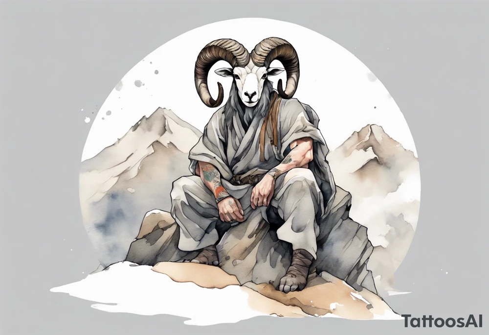 a solitary muscular man with the head of a big-horned sheep, wearing a grey tunic on a mountain tattoo idea