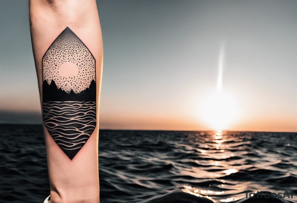 Sunset from the perspective of being on a boat on the ocean. The waves are very calm and there is no land in site. There are slight reflections of the sun on the water. The tattoo will be in landscape orientation on the forearm, rought 3 inches wide and 2 inches tall. The style is incredibly minimal and simple. Mostly black with small splashes of color from the sun. There are no other objects in the tattoo besides the sun, water, and maybe some clouds and a bird or two, tattoo idea