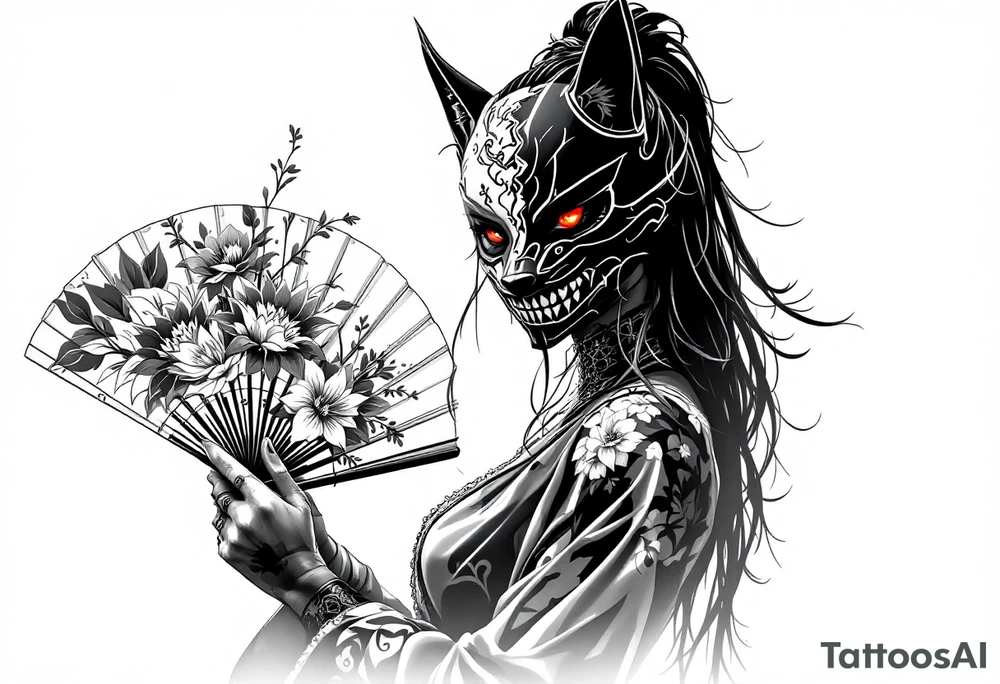 Woman samurai with red eyes wearing an half and broken kitsune mask, holding a japanese fan with belamcada flowers tattoo idea