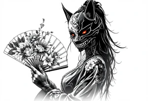 Woman samurai with red eyes wearing an half and broken kitsune mask, holding a japanese fan with belamcada flowers tattoo idea