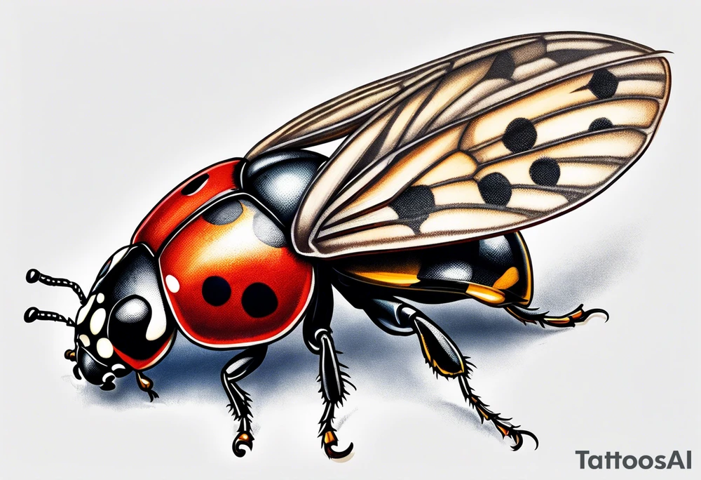 lady bug with one wing open tattoo idea