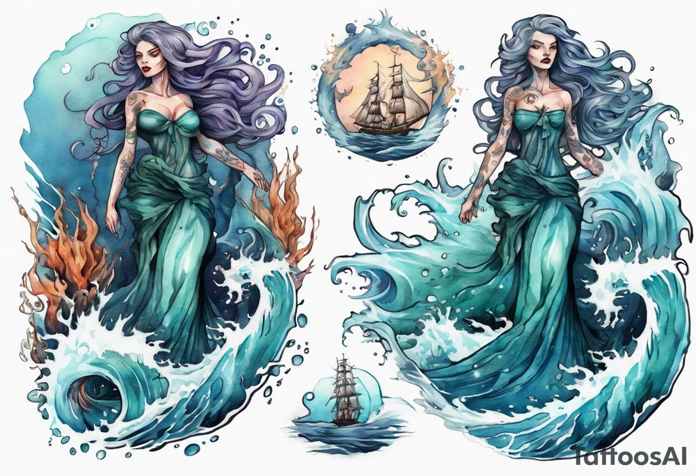 a beautiful sea witch standing in the sea surrounded by crashing waves tattoo idea