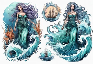 a beautiful sea witch standing in the sea surrounded by crashing waves tattoo idea