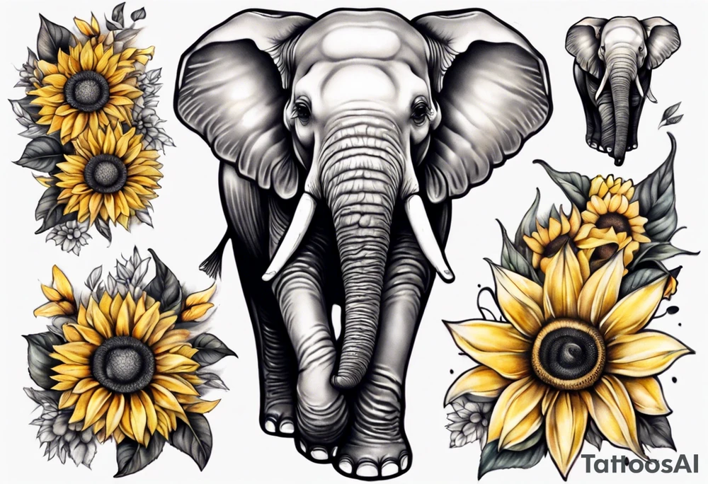 Under boob sternum baby elephant with sunflowers tattoo idea