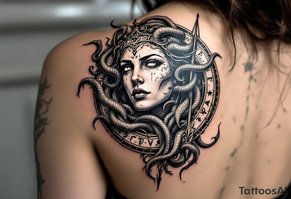 Athena goddess of war and wisdom on women’s upper arm 
Medusas head on her shield and her spear tattoo idea