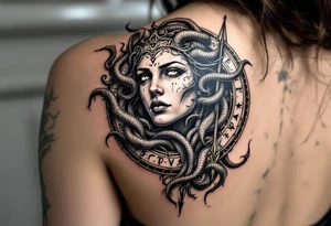 Athena goddess of war and wisdom on women’s upper arm 
Medusas head on her shield and her spear tattoo idea