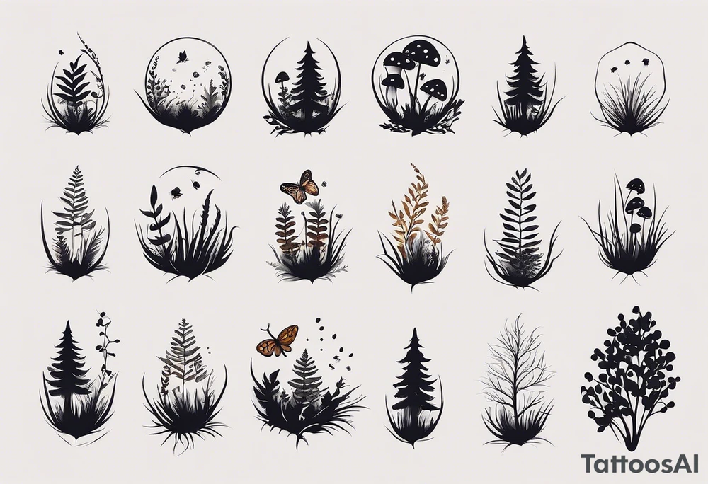 minimalistic forest floor inspired tattoo, which includes grass, moss, curly ferns and dead leaves as the bulk of the tattoo. details to include: forest berries, couple of very small brown mushrooms, a tiny bumblebee flying nearby tattoo idea