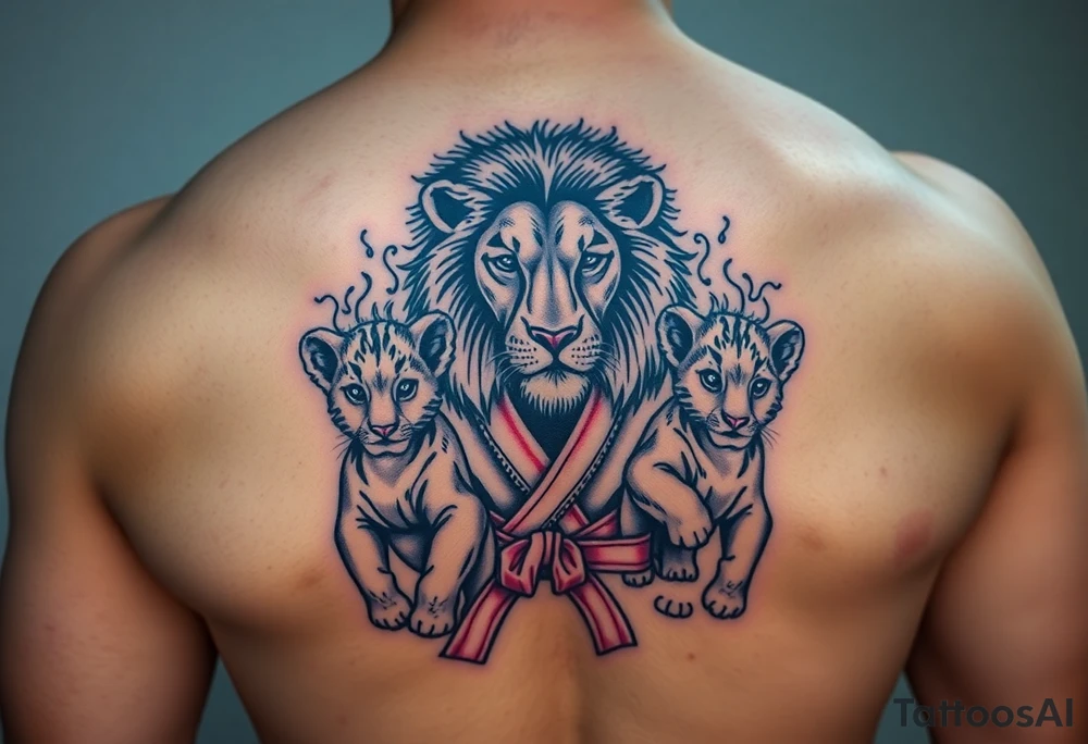 Lion wearing a Brazilian jiu jitsu gi as a person would along side his two cubs who are wearing the jiu jitsu gi as well. The surrounding area is africa tattoo idea