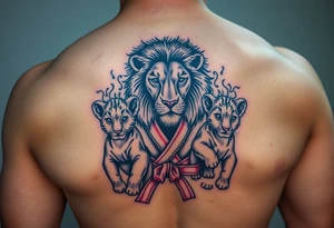 Lion wearing a Brazilian jiu jitsu gi as a person would along side his two cubs who are wearing the jiu jitsu gi as well. The surrounding area is africa tattoo idea