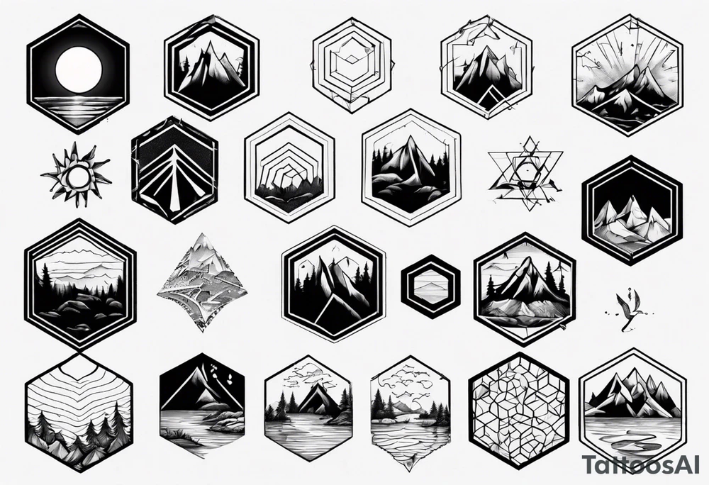 Several connected hexagons, within which is a mountain in the background on the right, a sun on the left, a coniferous forest in the foreground and a lake on the bottom tattoo idea