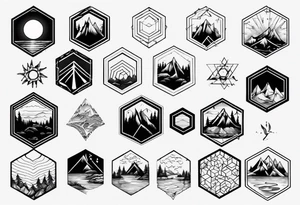 Several connected hexagons, within which is a mountain in the background on the right, a sun on the left, a coniferous forest in the foreground and a lake on the bottom tattoo idea