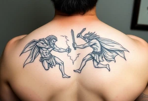 powerful greek mythology fight scene tattoo idea