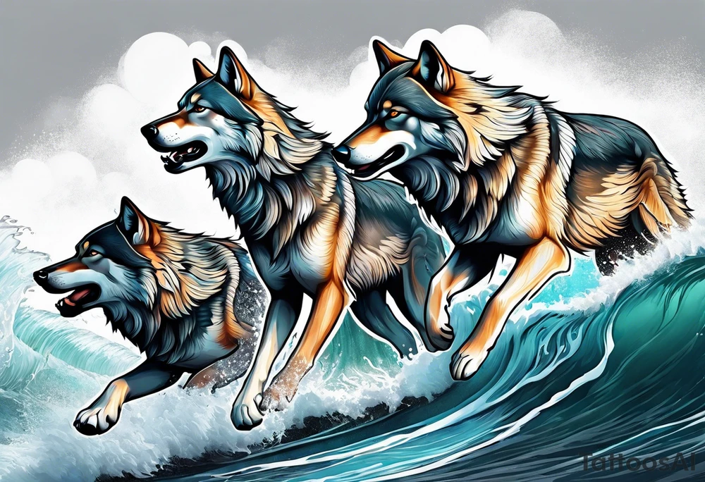 a pack muscular of gray wolves surfing tattoo idea