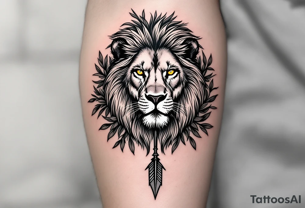 a spiritual lion with yellow eyes that come down an arrow and surrounded by a olive tree leaf around tattoo idea