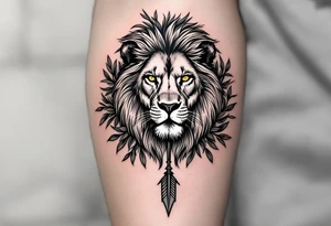 a spiritual lion with yellow eyes that come down an arrow and surrounded by a olive tree leaf around tattoo idea