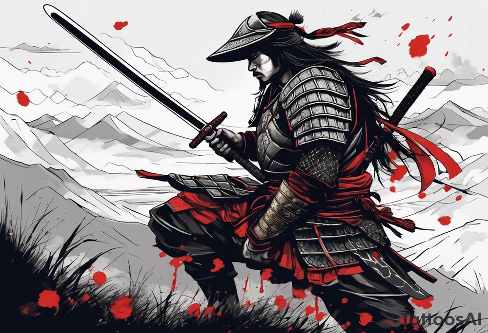 A tired samurai wounded from battle holding his helmet in one hand and in the other hand his sword with a mixture of blood and dirt, wearing his dirty armour he is steeping above some body's from the battle in open field and looking vaguely to the horizon while crows are flyting above him and the corpses tattoo idea