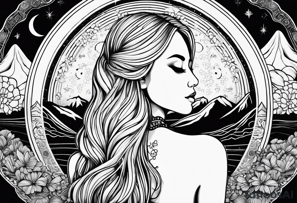 Straight blonde hair girl meditating facing away toward mountains surrounded by mushrooms crescent moon mandala circular design black and white striped dress tattoo idea