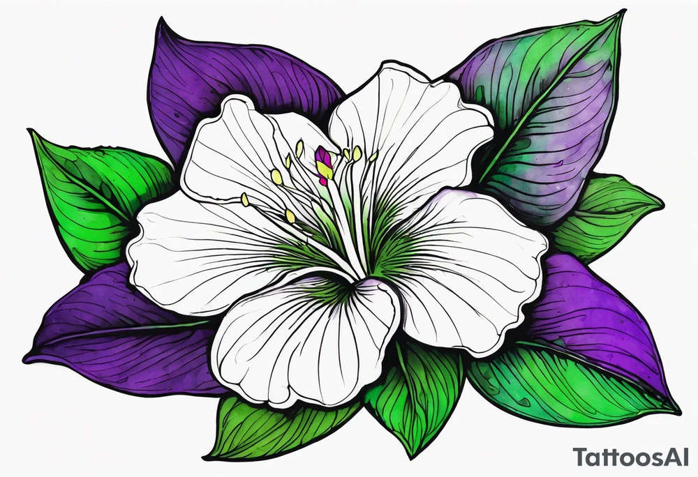 An outline of a rio dipladenia flower with a green and purple watercolor splash in the background tattoo idea