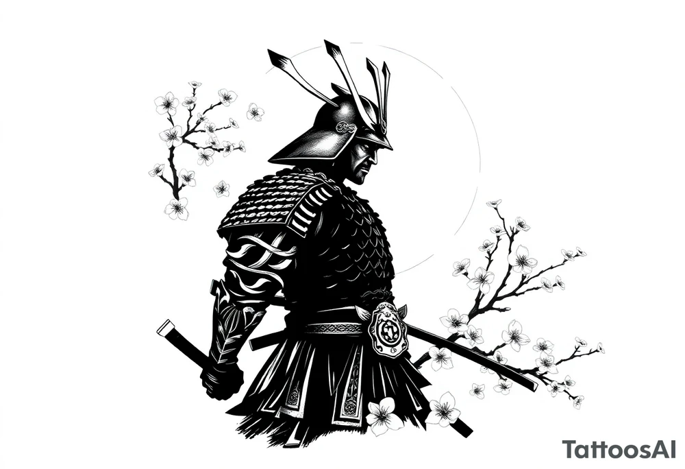 noble samurai warrior silhouette at sunset with cherry blossoms tattoo idea