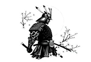 noble samurai warrior silhouette at sunset with cherry blossoms tattoo idea