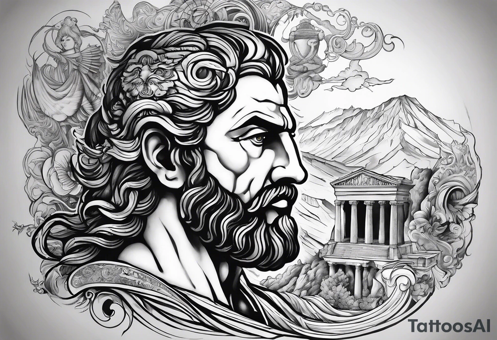 I want half sleeve tatto on the right arm 
With zeus and some thunder from his eyes, some text beside the zeus and  Temple of Olympian Zeus tattoo idea