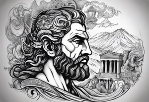 I want half sleeve tatto on the right arm 
With zeus and some thunder from his eyes, some text beside the zeus and  Temple of Olympian Zeus tattoo idea