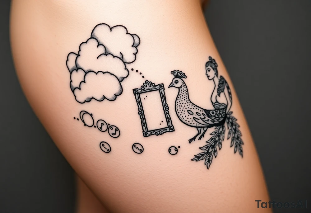 Storm clouds with a fat naked woman and drugs and money  and coinsand mirror and sexy naked couple lustful having sex with pig and peacock tattoo idea