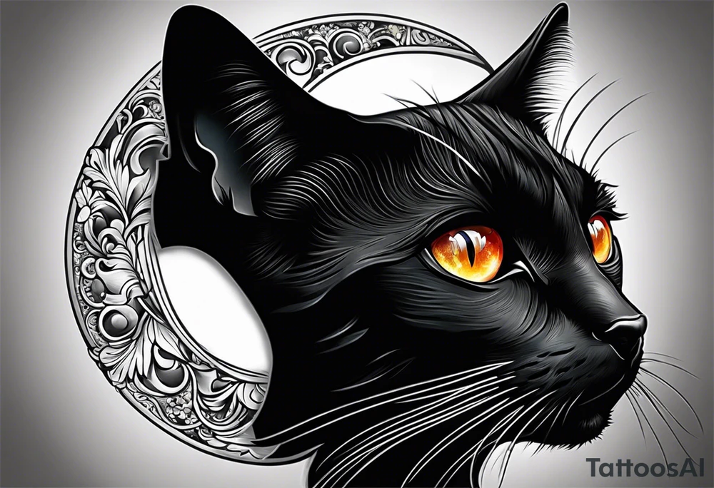 Photo realistic black cat head only facing forward add moon tattoo idea