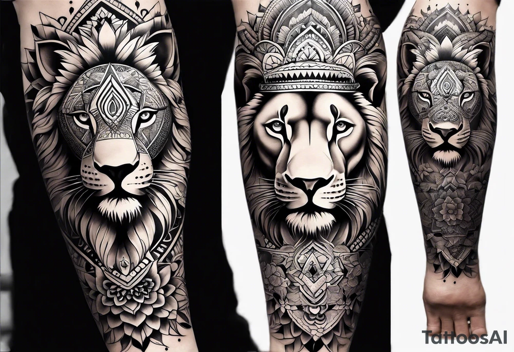 leg full sleeve for men, includes mandalas, flowers, geometric figures and a lion in the calf tattoo idea