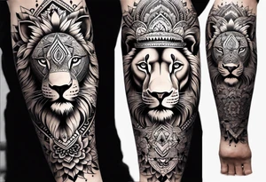 leg full sleeve for men, includes mandalas, flowers, geometric figures and a lion in the calf tattoo idea