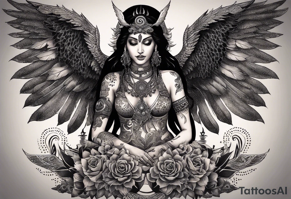 black kali, goddess pirate, alien, angel, pachamama, valkrye, warrior, flying, skull, lotus azul, wing, eagle, zenza resonance, stars, 5D, anahata chakra, death, durga, riding on a tiger, flying lady, chest tatoo tattoo idea